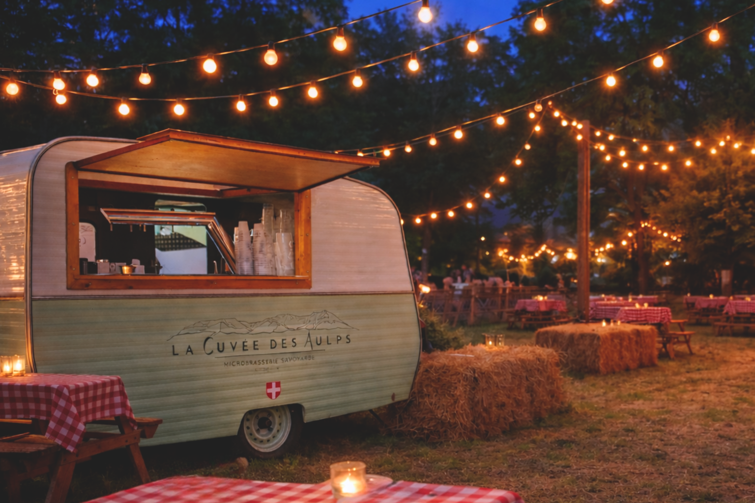 Soirée guinguette avec Carabar - Ambiance festive avec guirlandes lumineuses